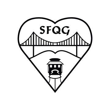 Logo of the san francisco quilters guild showing a heart with an image of the golden gate bridge a tram car and the letters S F Q G.